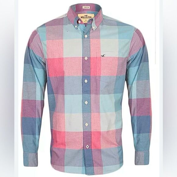 Hollister Mens casual Buttoned Down Long Sleeve Checkered Stretch Shirt large L - Picture 1 of 6